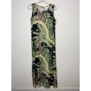 Tommy Bahama Tropical Palm Print Sleeveless Maxi Dress Black Green 100% Silk